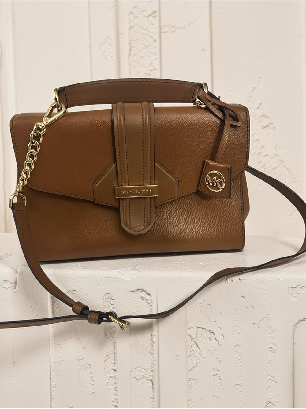 Michael Kors Brown Leather Top-Handle Satchel with Chain Accent